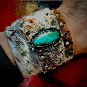 Cowhide wrap cuff with vintage turquoise, up to 6” wrist